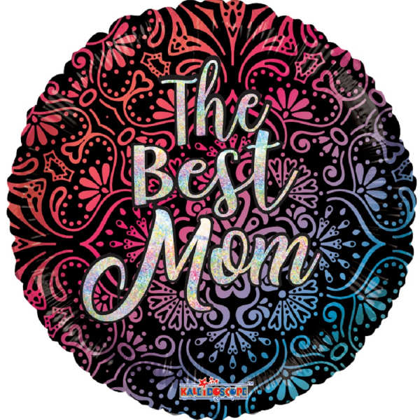 Round foil balloon with "The Best Mom" text on a colorful patterned background