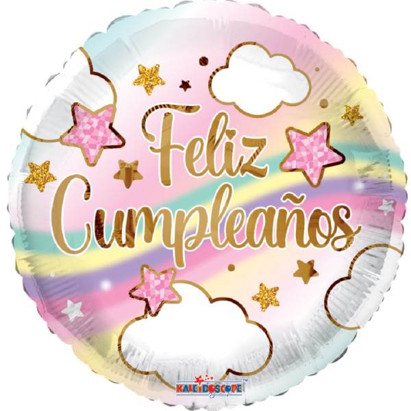 Round pastel birthday balloon with clouds, stars, and "Feliz Cumpleaños" text