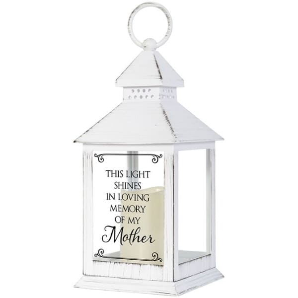 White memorial lantern with a candle and "In loving memory of my Mother" text