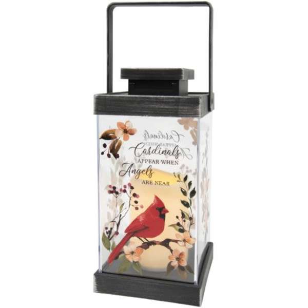 Decorative lantern with a cardinal and memorial text