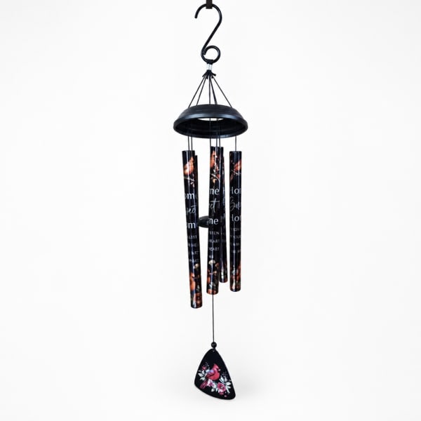 Black hanging wind chime with printed tubes and a floral pendant