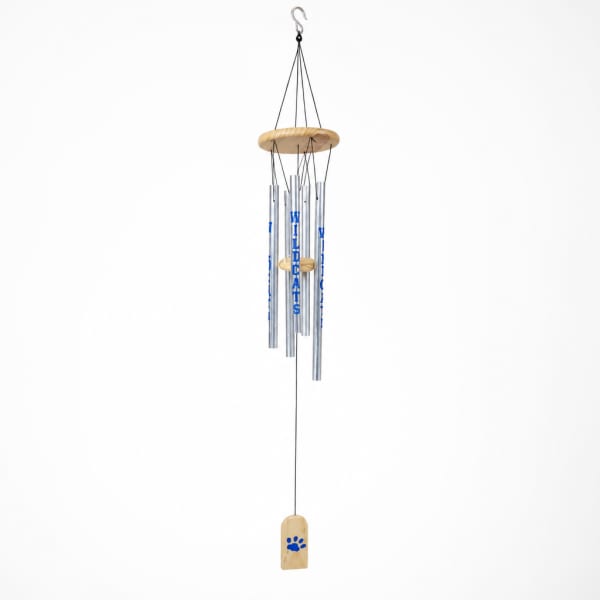 Hanging metal wind chime with wooden accents and a paw print pendant