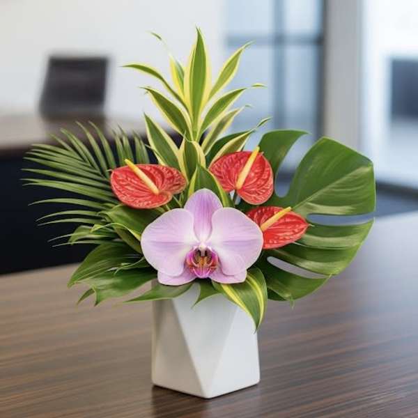 Tropical arrangement with a pink orchid and red anthuriums in a white vase