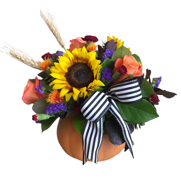 Sunflower and rose arrangement in a pumpkin container with a striped ribbon