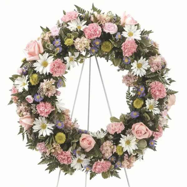 Round floral wreath with pink and white flowers on a stand