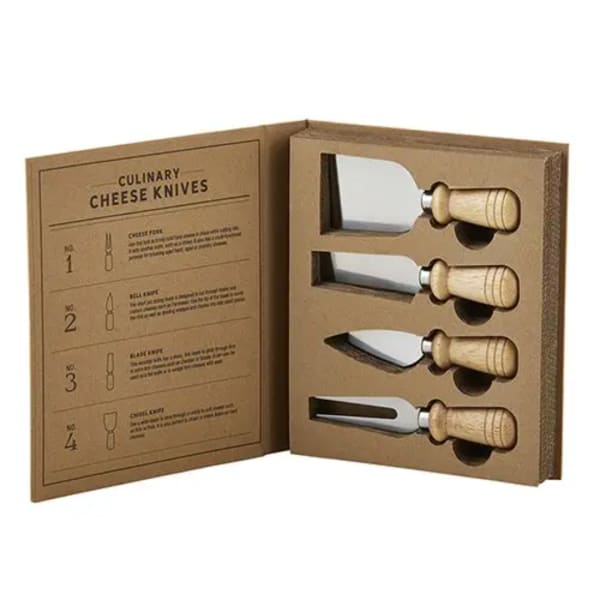 Set of four cheese knives in a cardboard display box