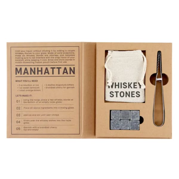 Manhattan cocktail gift set with whiskey stones and tongs in a cardboard box