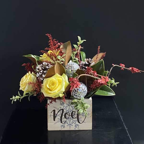 Yellow roses in a Noel box with red accents and pinecones