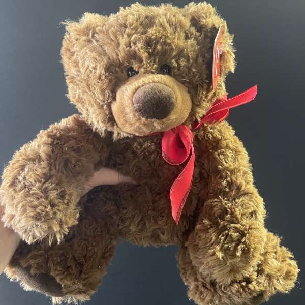 Brown teddy bear with a red ribbon bow