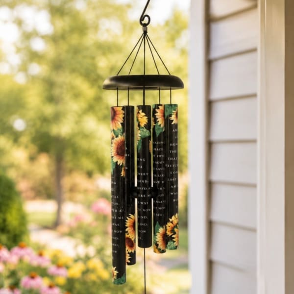 Black wind chime with sunflower-printed tubes hanging outdoors