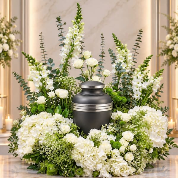 White floral funeral urn arrangement with green accents