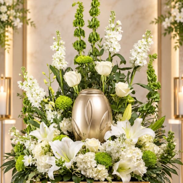 White lilies and roses arranged around a gold urn with green accents.