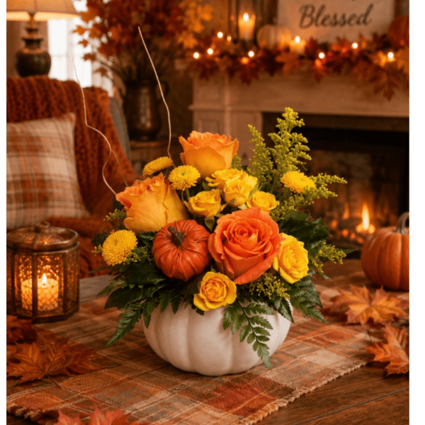 Orange and yellow roses in a white pumpkin vase with fall accents