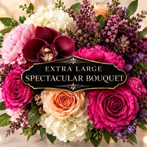 Large bouquet of pink, white, and peach flowers with a dark orchid centerpiece