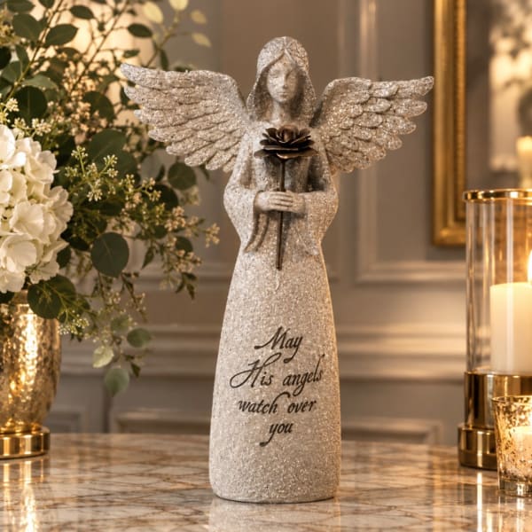 Angel figurine holding a flower with a sympathy message