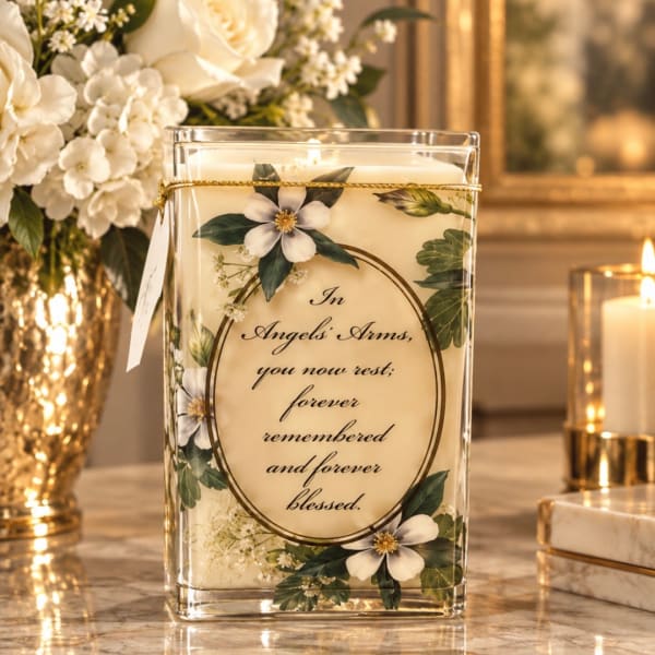 Glass memorial candle with floral decoration and a sympathy message