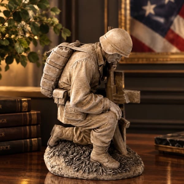 A kneeling soldier statue holding a cross on a desk