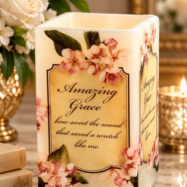 Decorative square candle holder with floral print and text