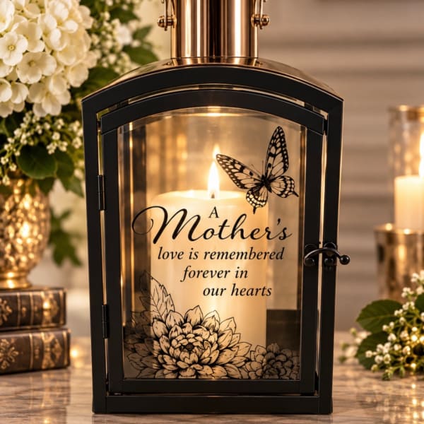 Lit memorial candle in a black lantern with floral and butterfly designs