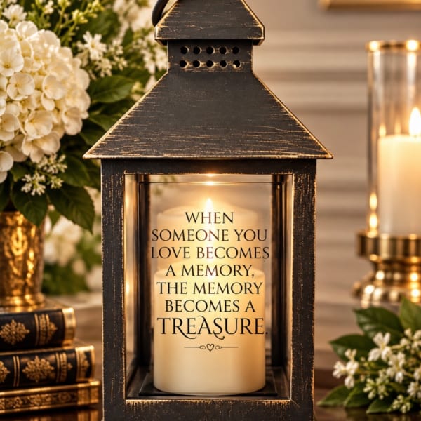 Black lantern with a memorial candle and white flowers beside it
