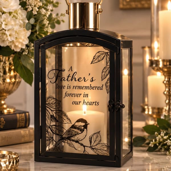 Black lantern candle with memorial text and bird design