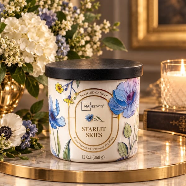Floral-scented candle in a decorated jar with a black lid