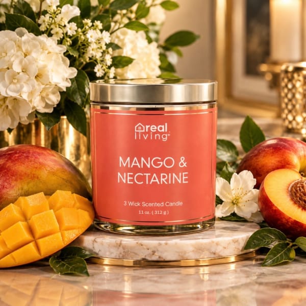 Mango and nectarine scented candle in a metal tin with fruit and white flowers