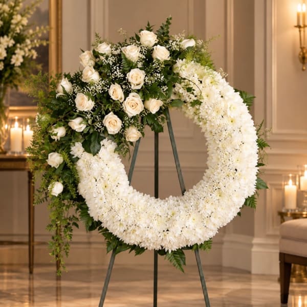 White floral funeral wreath on an easel with roses and chrysanthemums