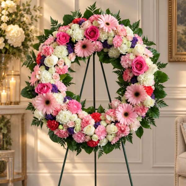 Large pink and white floral wreath on a stand