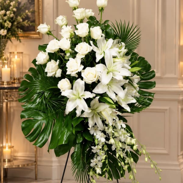 White roses and lilies in a large standing floral arrangement