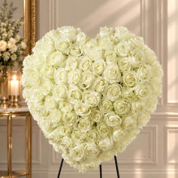 Heart-shaped arrangement of white roses on a stand