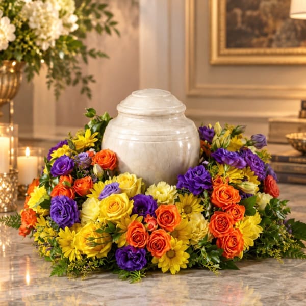 Colorful floral urn arrangement with roses and daisies around a white urn