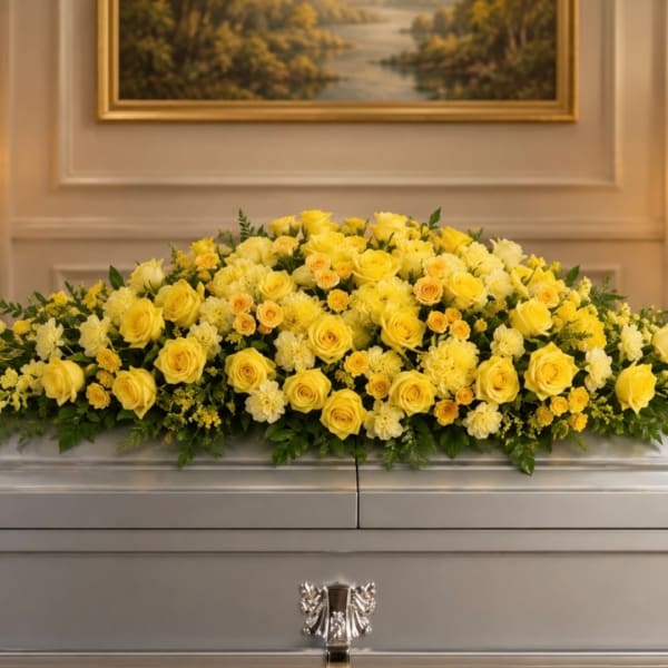 Yellow rose casket spray with white accent flowers