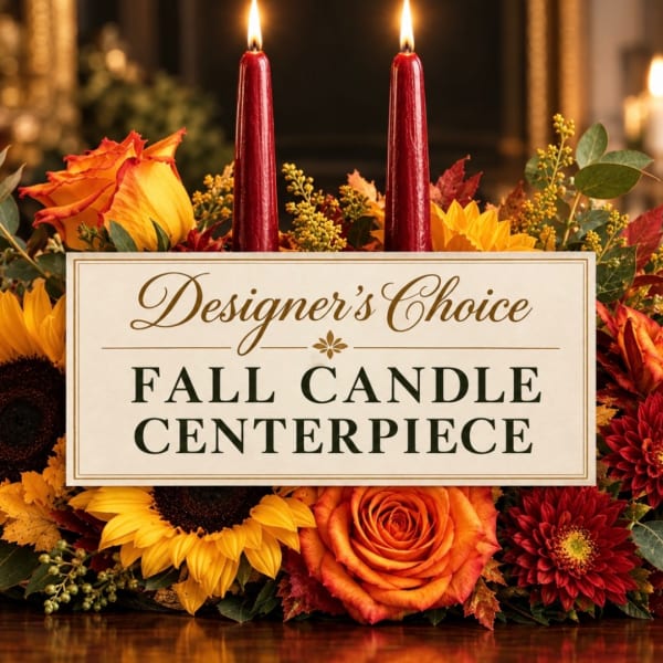 Fall centerpiece with two red candles and orange-yellow flowers