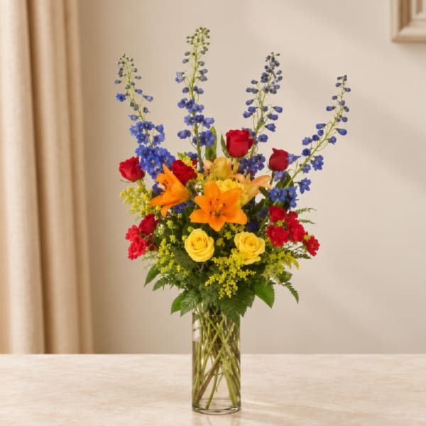 Tall mixed bouquet with roses, lilies, and blue delphinium in a glass vase