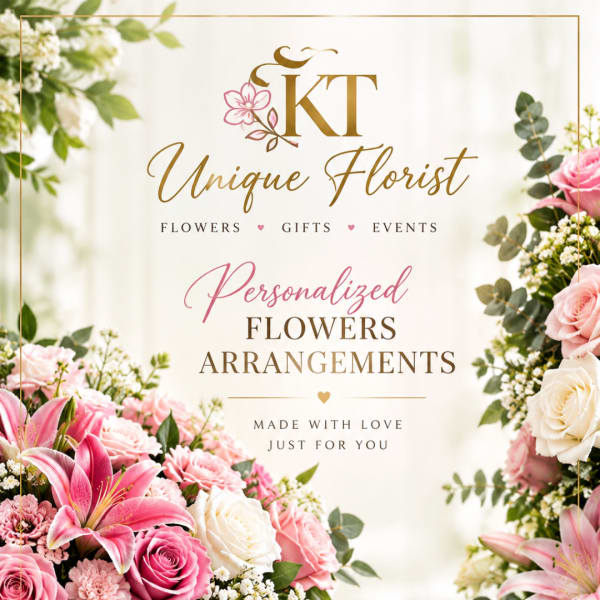 Pink and white floral arrangement with lilies and roses around a florist logo