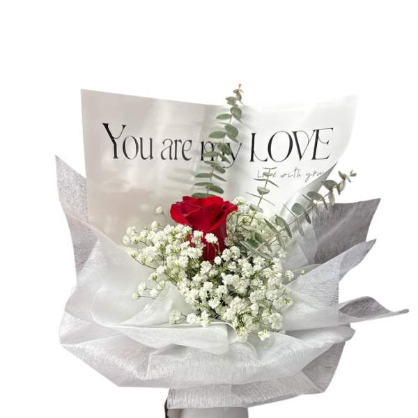 Red rose bouquet with white baby's breath in silver wrapping
