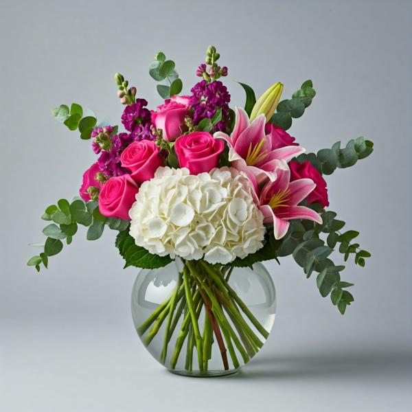 Pink roses and lilies with white hydrangea in a glass vase
