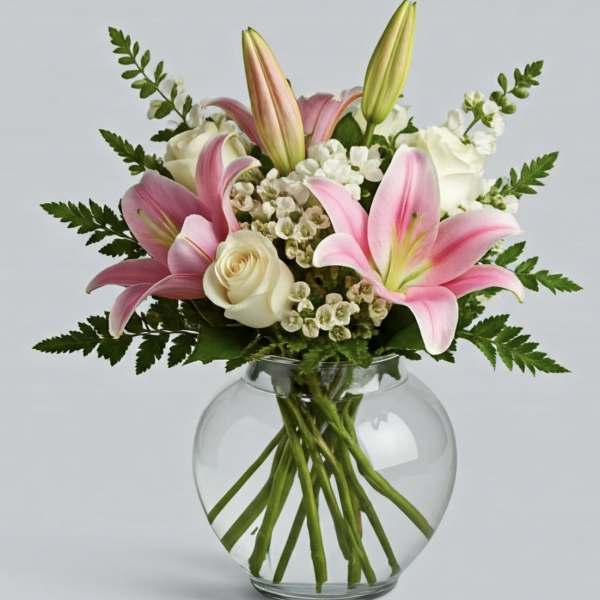 Pink lilies and white roses in a clear glass vase