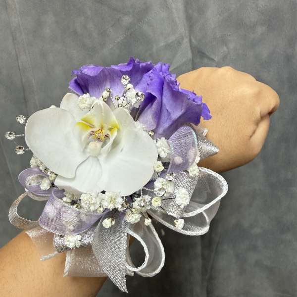 Purple Lisianthus orchid wrist corsage