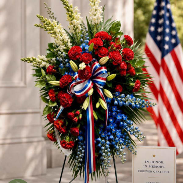 Red, white, and blue floral standing spray with ribbon bow and memorial sign