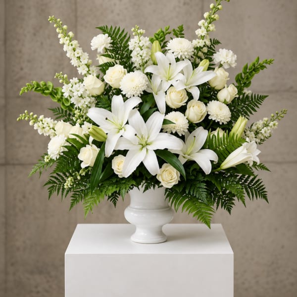 White lilies and roses arranged in a white vase
