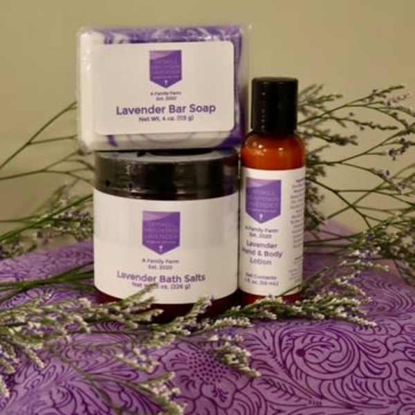 Lavender bath gift set with soap, bath salts, and lotion