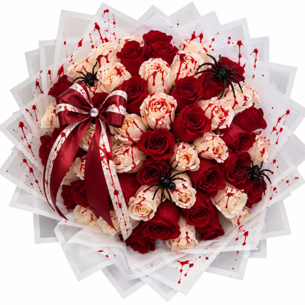 Bouquet of red and cream roses with a burgundy ribbon and spider decorations