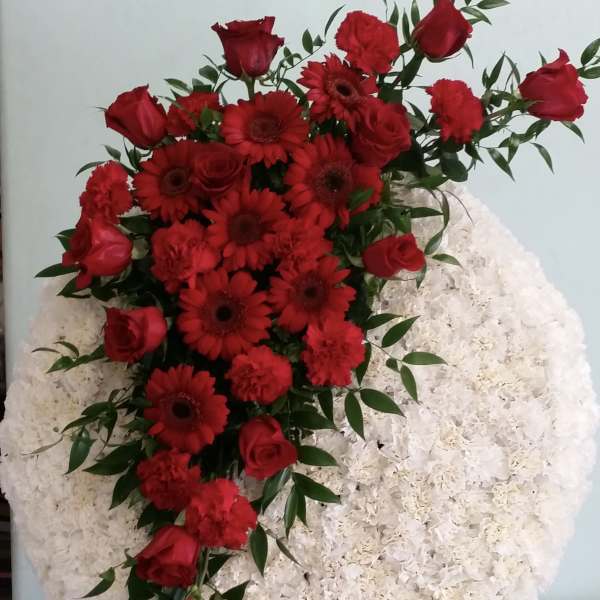 Red roses and gerbera daisies on a white floral wreath