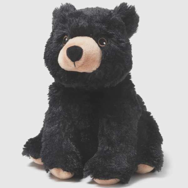 Black teddy bear plush with a beige snout and paws