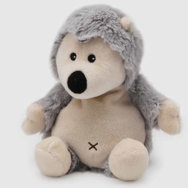 Gray and beige plush hedgehog stuffed animal sitting upright