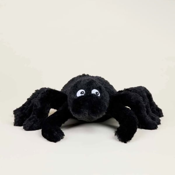 Black plush spider toy with large eyes on a plain background