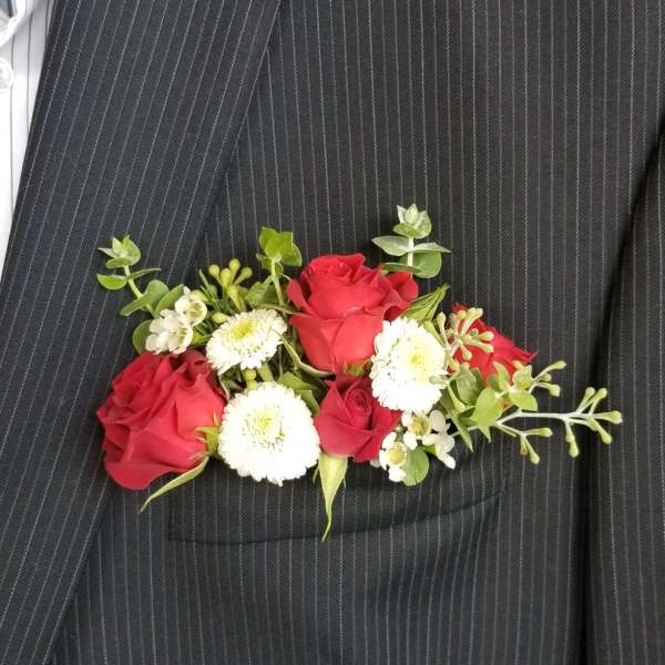 Pocket Square Boutonniere- Mixed Flower White & Red