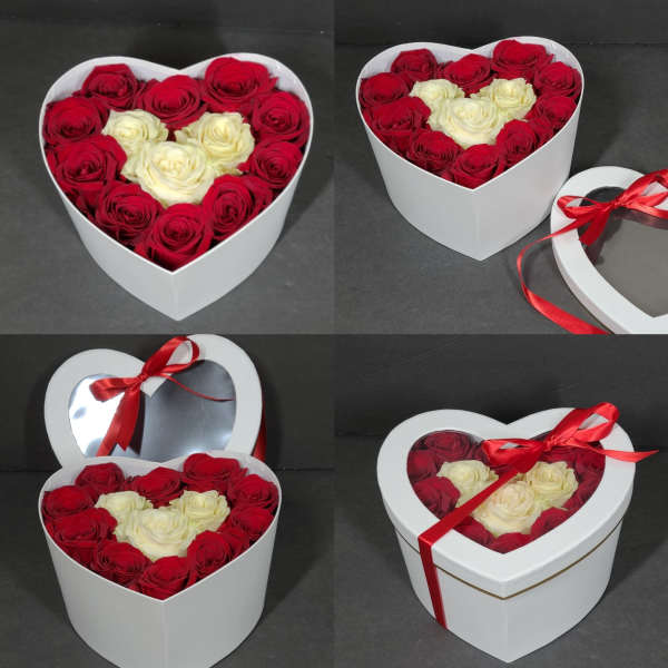 Roses in white heart box